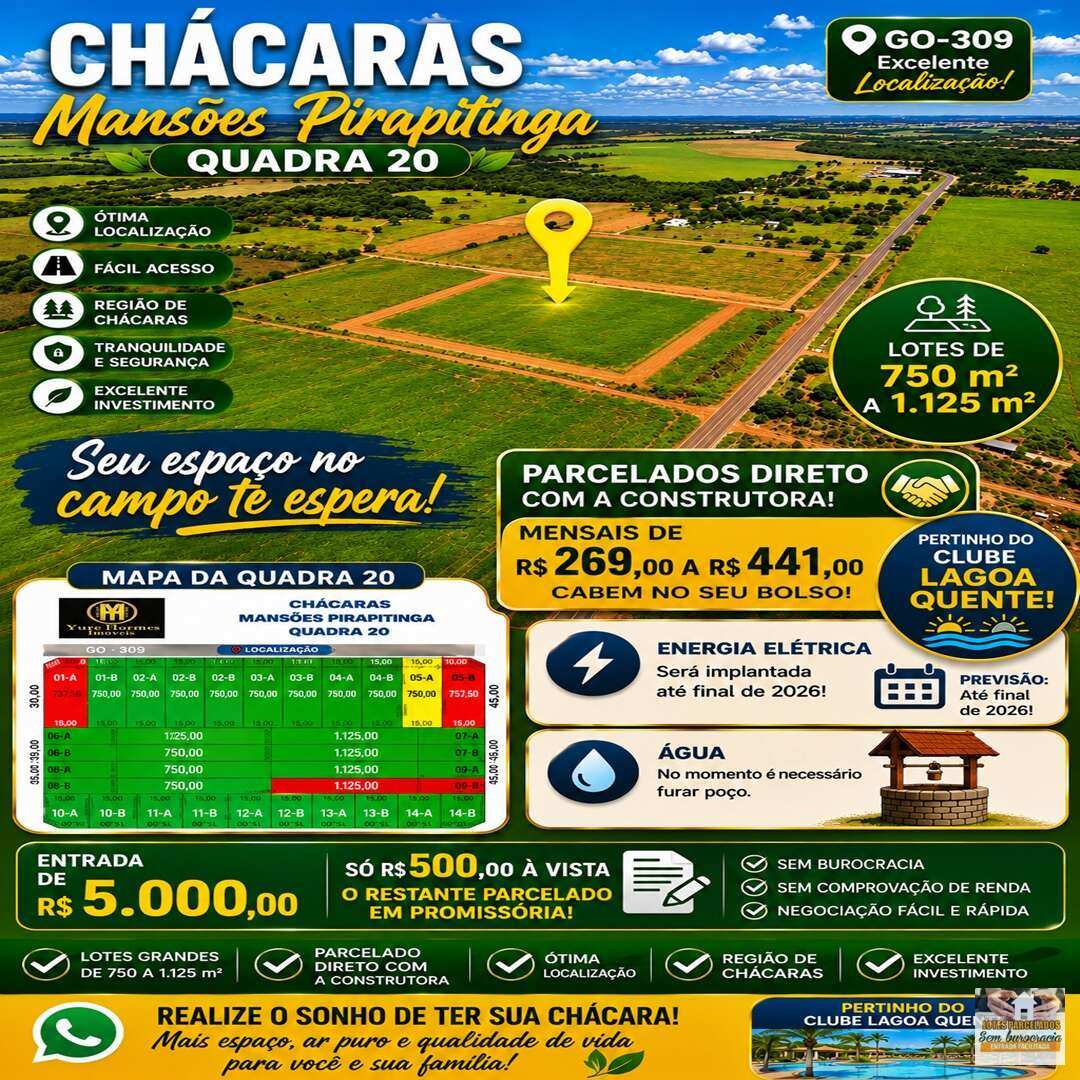 Lotes Grandes com 750 a 1.125 metros para Chácaras Parceladas direto com a Construtora